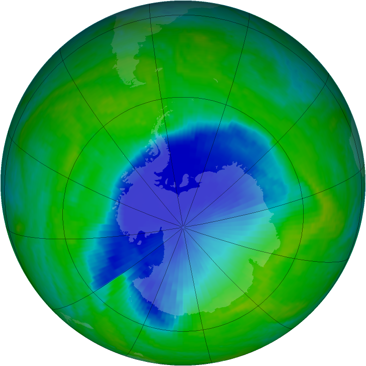 Antarctic ozone map for 03 December 2001